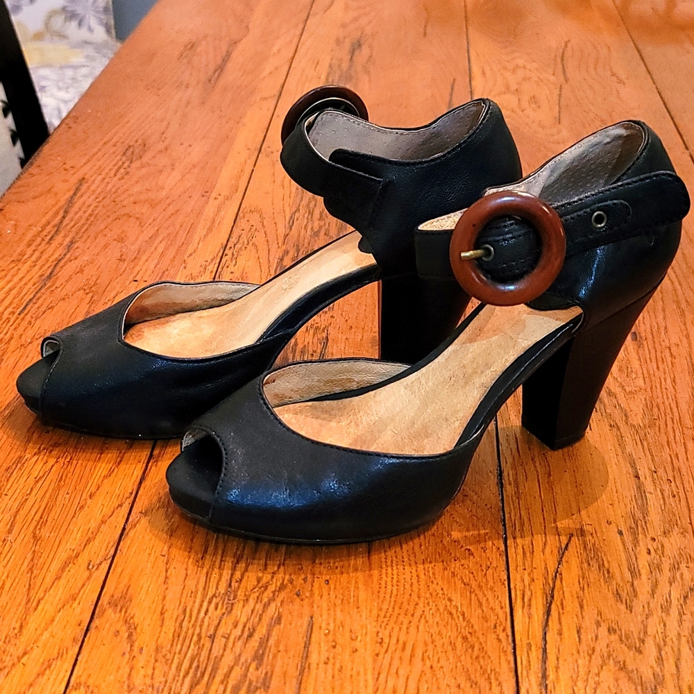Frye black peep toe heels